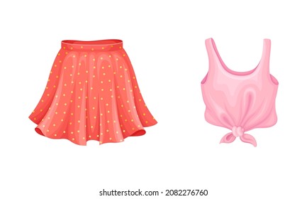 Short Flared Skirt with High Waist and Tank Top as Summer Clothing Vector Set