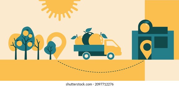 Short food supply chains SFSCs concept - food production-distribution-consumption configuration for farmers, agriculture and solidarity purchase groups. Truck transporting food fron orchard to market