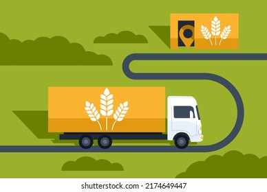 Short Food Supply Chains SFSCs - Food Production, Distribution And Consumption Configuration. Truck Transporting Food From Orchard To Market