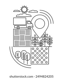 Short food supply chains SFSCs decoration for report or article - food production-distribution-consumption configuration for farmers, agriculture and solidarity purchase groups. in thin line shape