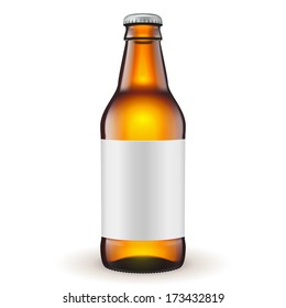 Short Glass Beer Brown Bottle With Label On White Background Isolated. Ready For Your Design. Product Packing. Vector EPS10