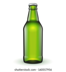 Short Glass Beer Green Bottle On White Background Isolated. Ready For Your Design. Product Packing. Vector EPS10 