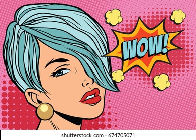 short hair beautiful girl wow. Pop art retro vector illustration