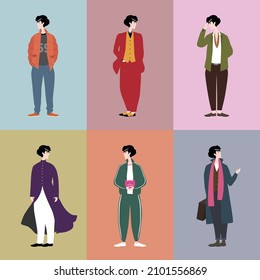 The short hair boy is dressed in six different styles of fashionable clothes.