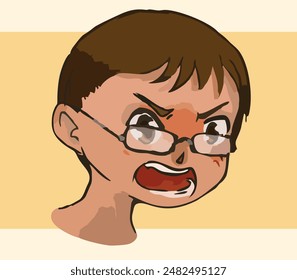 Short Hair Boy Getting Angry, Glasses wearing boy, Orange hair