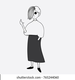 Short hair girl made a symbolic hand greeting a friend.Doodle art painting in gray surface.Woman wearing black sunglasses