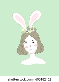 short hair girl wearing bunny ears as easter rabbit, hand drawn cartoon, pastel color