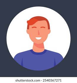 short hair man smile in circle frame in flat vector design.