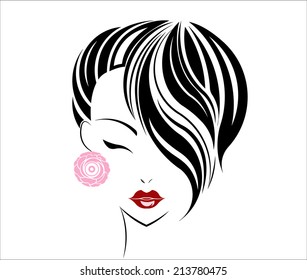 Short hair style icon, logo women face on white background.