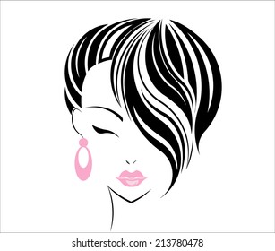 Short hair style icon, logo women face on white background.