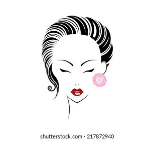 Short hair style icon, logo women face on white background.