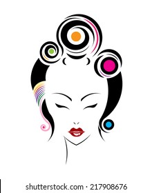 Short hair style icon, logo women face on white background.