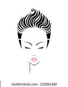 Short hair style icon, logo women face on white background, vector