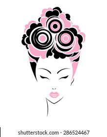 Short hair style icon, logo women face on white background, vector