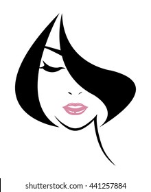 short hair style icon, logo women face on white background, vector