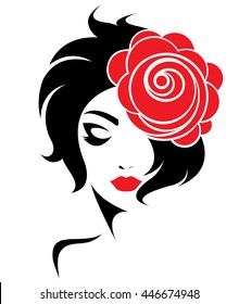 short hair style icon, logo women face on white background, vector