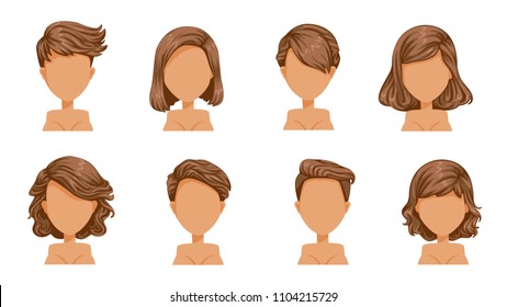 short hair woman. beautiful hairstyle Brown hair set. Puppet modern fashion for assortment. short hair, curly hair, salon hairstyles and trendy haircut. vector icon set isolated on white background. 