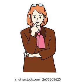 Short hair woman in Blazer Posing with Finger on Lips and eyeglasses on her head design illustration