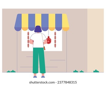 Short hair woman buying at a beef and sausage hanging stall, meat market. Character design. Vector flat illustration