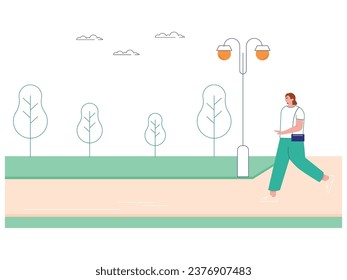 Short hair woman carry sling bag walking in city park with trees, garden lights. Relax by looking at the fresh air. Character design. Vector flat illustration