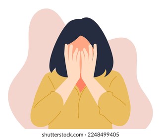 short hair woman covering her face with both hands. shy expression. half body. vector flat colored illustration.