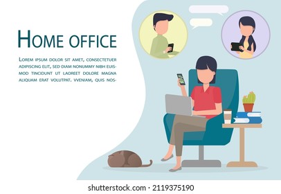 Short hair woman doing work at home to prevent covid-19. Sits on sofa looking at laptop and contacting colleagues via online chat. Online home office concept. EPS10 vector illustration.