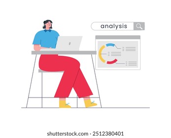 Short hair woman with glasses working, preparing SEO data. Design character. Vector flat illustration