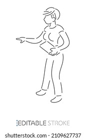 Short hair woman holding a tablet, standing sideways, pointing finger. Vector line customizable isolated outline. Editable stroke.