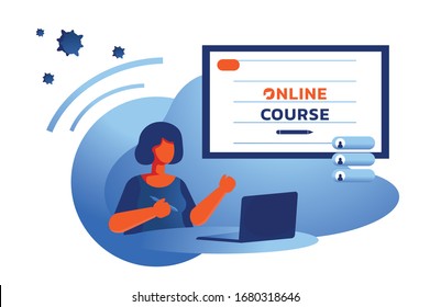 Short Hair Woman Learning Online Course At Home Vector Illustration 