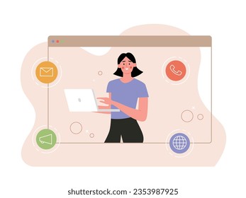 Short hair woman in purple t-shirt standing holding laptop, marketing strategy for promotional communication. Character designs. Vector flat illustration