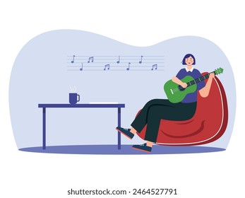 Una mujer de pelo corto que se relaja en una bolsa de frijoles mientras rasguea una guitarra y canta. Diseño de personajes. Ilustración plana de Vector