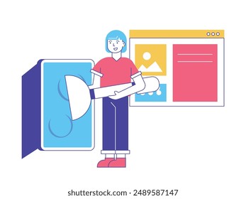 Short hair woman standing doing big stamp, online busines website. Character design. Vector flat illustration