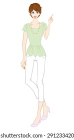 Short Hair women Gesturing -Pointing -full length