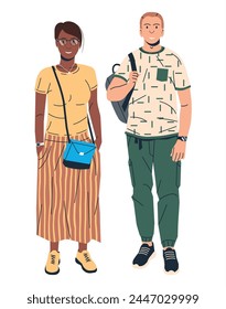 Short Hair Women and Man Isolated. Fashion Girl with Bag and Glasses. Trendy Man in Casual Clothes with Backpack. Fashionable Lifestyle. Flat Vector Illustration