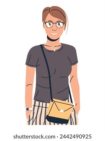 Short Hair Women in Skirt and Tshirt Isolated. Fashion Brunette Girl with Bag and Glasses. Trendy Lady in Casual Clothes Stands with Hands in Pocket. Fashionable Lifestyle. Flat Vector Illustration