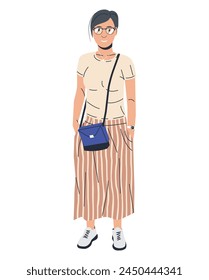 Short Hair Women in Skirt and Tshirt Isolated. Fashion Brunette Girl with Bag and Glasses. Trendy Lady in Casual Clothes Stands with Hands in Pocket. Fashionable Lifestyle. Flat Vector Illustration