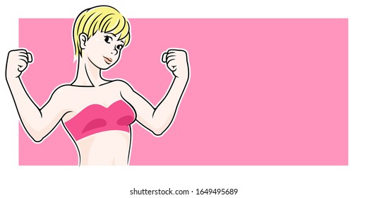 Short Hair Young Woman Confident Raise Arms, Flexing and Strong Symbol of Girl Power, Woman Rights, Feminism Concept Isolated on Pink Background Design Vector