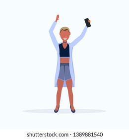 short haircut woman taking selfie photo on smartphone camera african american female cartoon character posing on white background flat full length