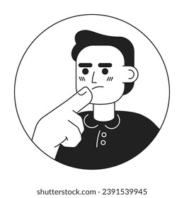 Short haired european man touching chin black and white 2D vector avatar illustration. Brunette caucasian male thoughts staring outline cartoon character face isolated. Making decision flat portrait