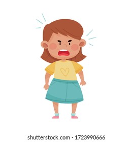 Short Haired Girl in Blue Skirt Screaming with Anger and Showing Fierce Expression on Her Face Vector Illustration