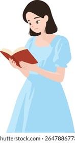 Short haired girl in dress reading a book illustration isolated transparent background editable vector