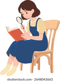 Short haired girl holding magnifying glass to read book sit on wooden chair illustration isolated transparent background editable vector