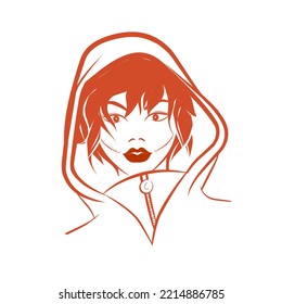 Short haired girl with red lips wearing a hoodie glowering