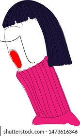 A short haired girl wearing a pink sweater, vector, color drawing or illustration.