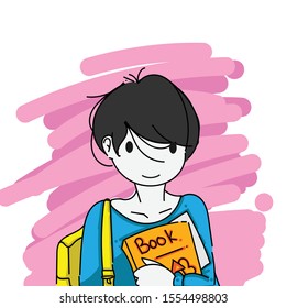 the short haired girl who is holding a book and smiling sweetly at you