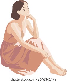 Short haired woman in beige dress sitting on the floor illustration isolated transparent background editable vector