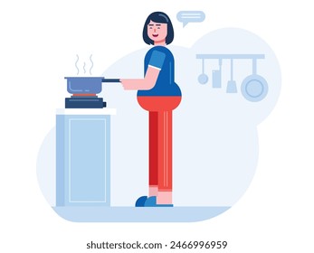 Short haired woman is cooking in the kitchen, enjoying at home while making food. Character design. Vector flat illustration