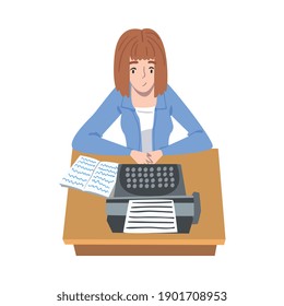 Short Haired Woman Journalist Sitting at Desk Writing Article or Public Essay on Typewriter Vector Illustration