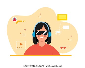 Short haired woman wearing glasses and headphones, playing VR virtual reality game. Two lives in the game universe. Character designs. Vector flat illustration