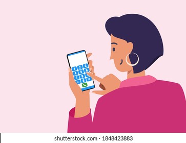 Short Haired Young Woman Typing Contact Dial Number To Make A Phone Call. Female Character Flat Vector Cartoon Design. Hand Tapping Numeral Button In Smartphone. Telecommunication Technology Concept.